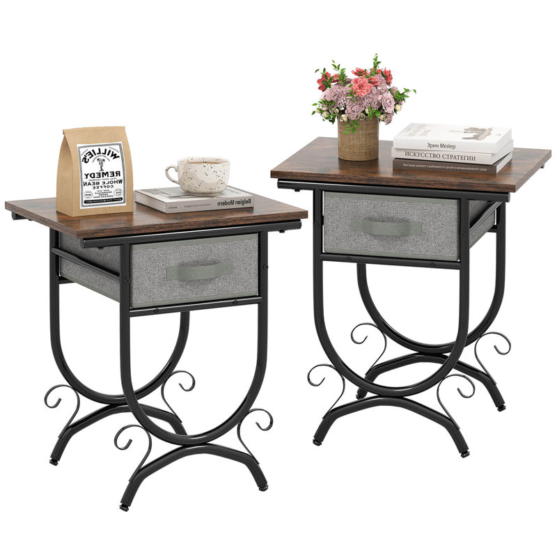 Table de bout 2 pièces avec tiroir en tissu et table de bout en métal sculpté