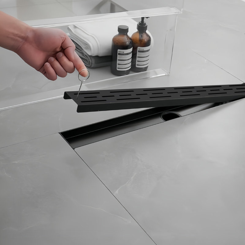 Designline 24 In. Stainless Steel Linear Shower Drain With Square Pattern Drain Cover In Matte Black, Matte Black