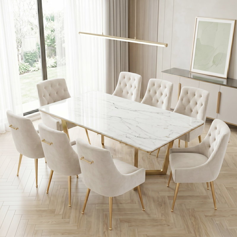 Fewell Velvet Upholstered Dining Chair With Gold Legs, Beige