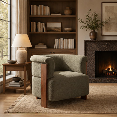 Fauteuil demi-tonneau de 31,9 pouces de style Mid-Century moderne avec accoudoirs rembourrés avec accoudoirs arrondis et supports en bois massif pour le salon, la chambre, le vestibule et le petit espace