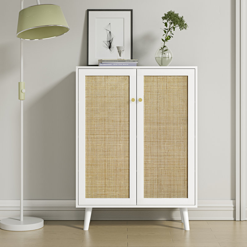 White Freestanding Rattan 2-Door Accent Cabinet with Adjustable Shelves