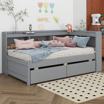 Wooden Daybed With L-Shaped Bookcases, USB Charging Ports, Multi-Functional Daybed With 2 Drawers, Power Outlets by Lark Manor