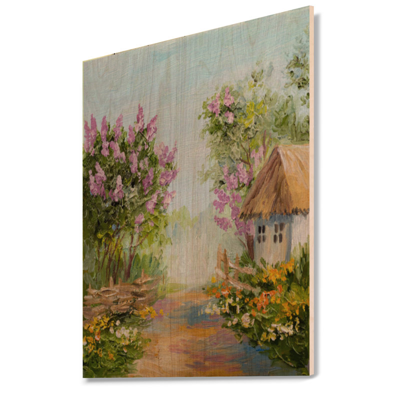 «Little House in the Blossoming Forest», peinture sur toile, H 36 po x l 24 po x P 1 po, Peinture sur bois