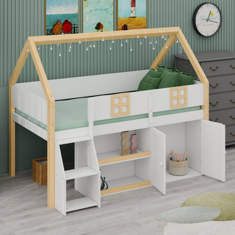 Lit mezzanine bas avec tablettes et armoires