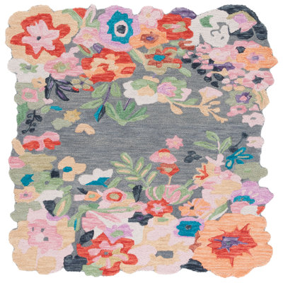 Floral rug wool/cotton hand tufted Garden in Grey/Pink