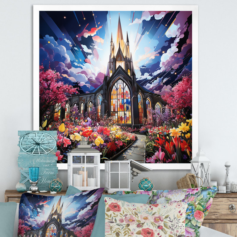 «Blue Expressive Illumination Church», art mural Église, Cadre simple blanc, H 16 po x l 16 po x P 1 po