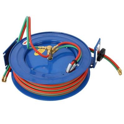 Welding Hose Reel Retractable 1/4 Inch x 100 Foot Twin Oxygen Acetylene Rubber Hoses, STD Duty Max 200PSI, Heavy Duty Industrial Single Arm Construction