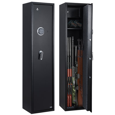 Coffre-fort pour armes à feu ignifuge robuste Enjyam pour 5 à 6 fusils, fusils de chasse et armes de poing - clavier numérique à accès rapide, tablette amovible, boîte de rangement pour armes de poing intégrée, mode silencieux, armoire de rangement sécurisée pour la maison - noir