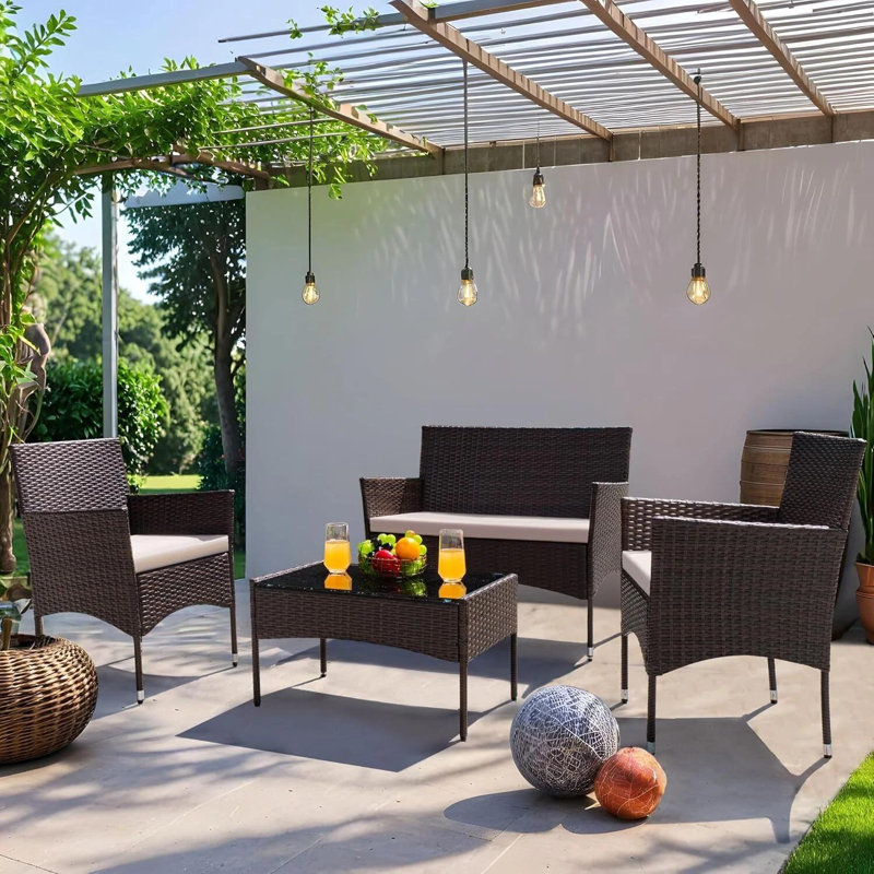 Rattan Garden Furniture Set 4 Piece Table Chairs Sofa Wicker Outdoor Patio Set, Brown