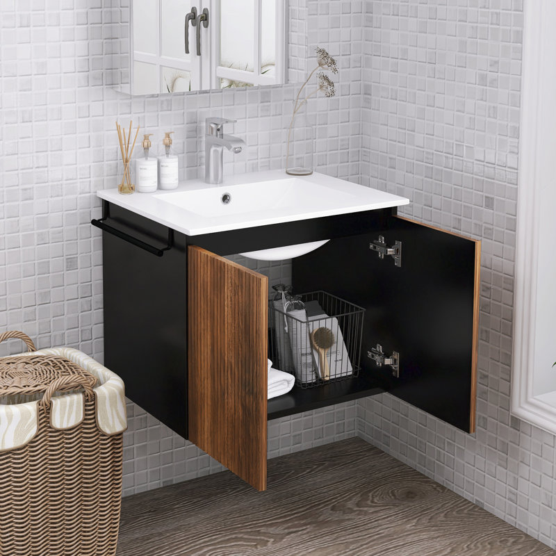 24" Wall-Mounted Bathroom Vanity With Ceramic Sink And Towel Rack, Black/Dark Walnut