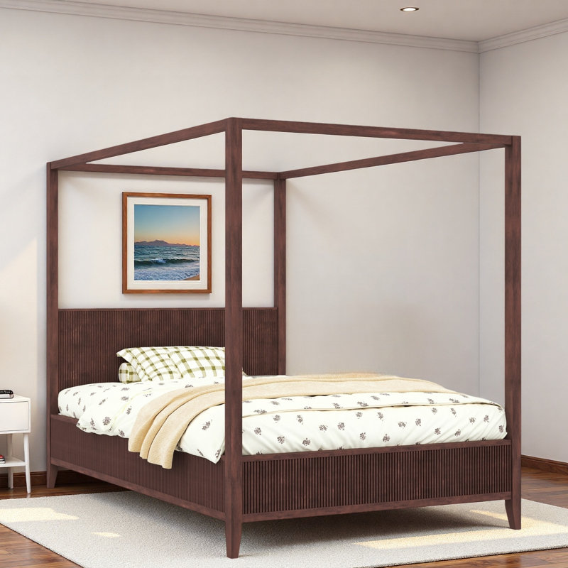 Lit plateforme à baldaquin en bois avec panneau cannelé et pieds robustes, Grand lit, Espresso