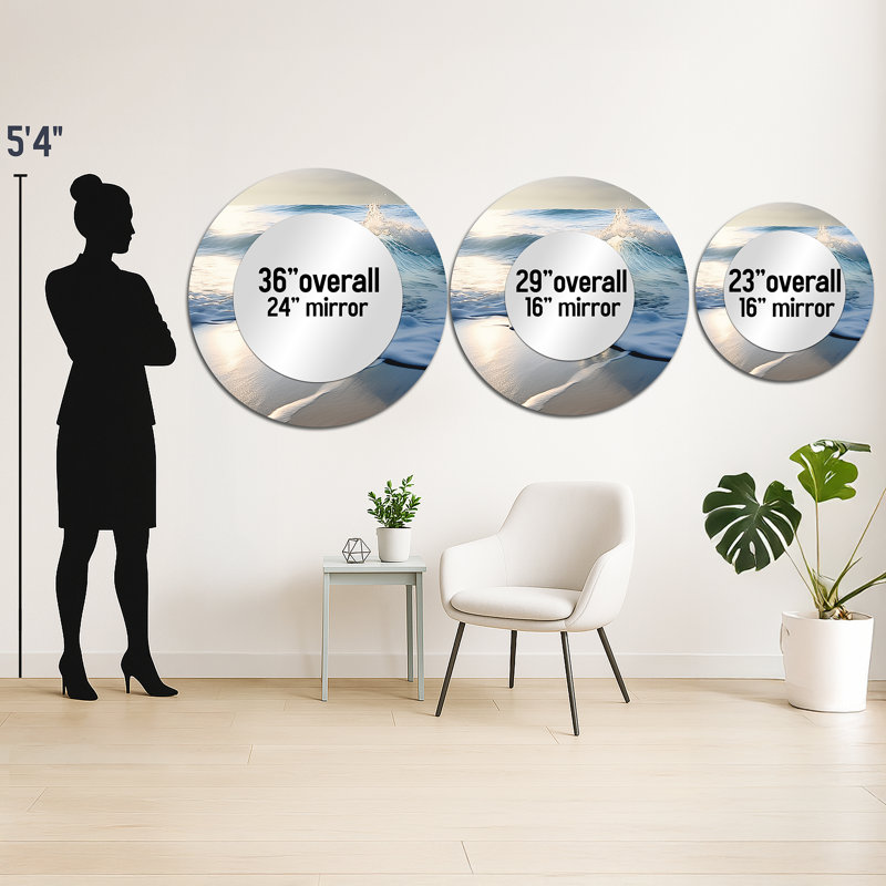 Beach Wave Scenery Photo I - miroir mural à vagues, miroir décoratif rond bleu, impression d'art en métal, 29 po x 29 po
