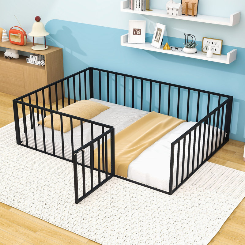Metal Floor Bed Frame With Enclosed Fence And Swing Door, Black, Full