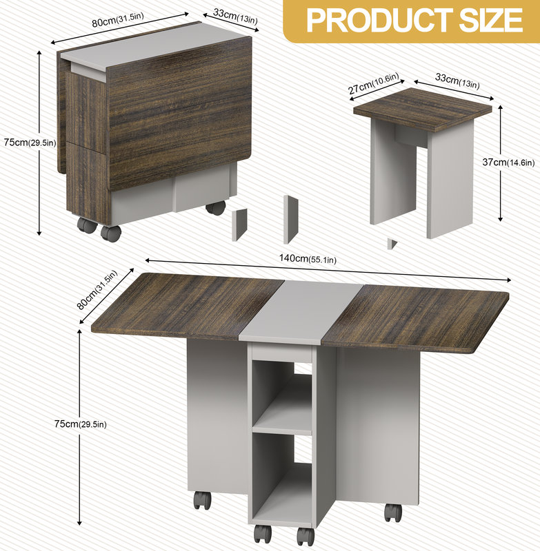 The 55'' Drop-Leaf Wood Kitchen and Dining Room Table Set features storage and 6 wheels, perfect for saving space in small areas. Available in Brown.