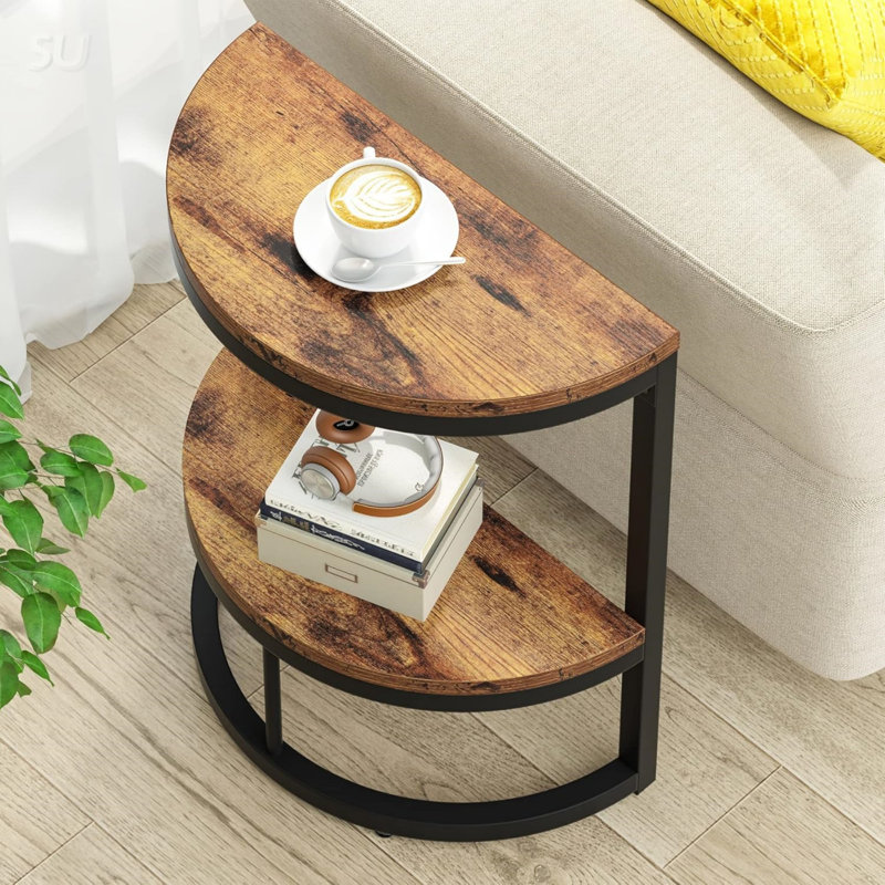 Table de bout demi-lune mince à 2 niveaux, table d'appoint en bois brun rustique avec rangement pour petits espaces