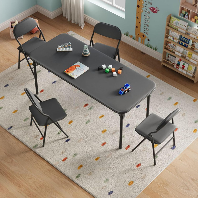 Kids Folding Table with Thick PU Leather Top, Durable Steel Frame, Round Corners & Anti-Slip Feet, Portable No-Assembly Activity Table for Indoor Outdoor Play, Black