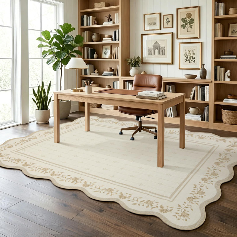 Tapis festonné lavable, tapis de salon, revêtement de sol, tapis d'appoint moderne à bordure, Ivory, 8*10