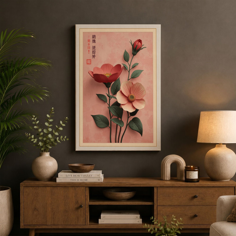 Three Flowering Stems Japandi - Wrapped Canvas, 24x16 - 61.0 x 40.6 cm, Sage Border