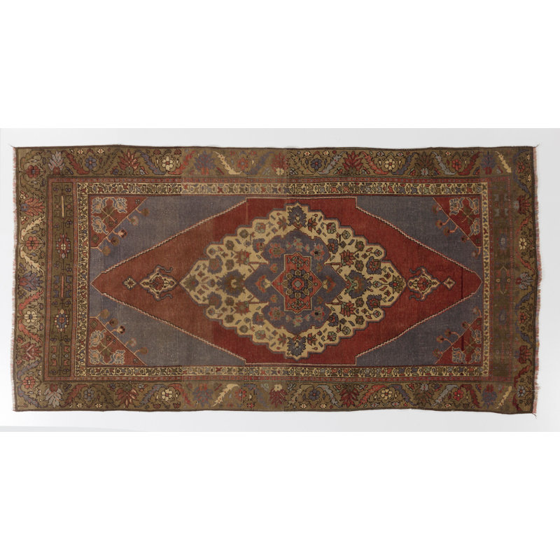 Tapis rétro rouge et bleu noué à la main avec velours
