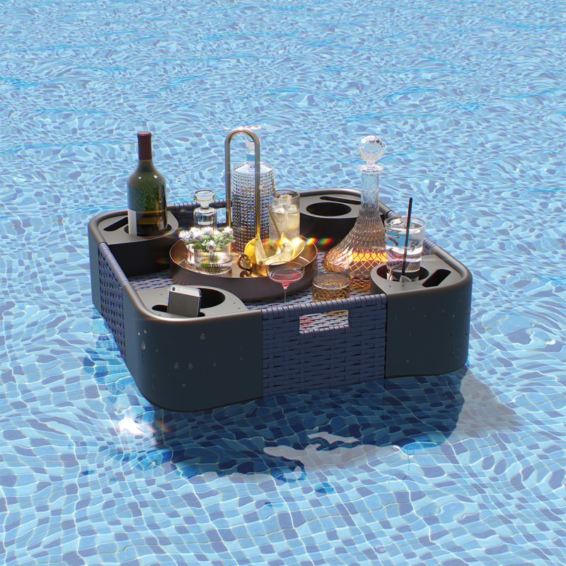 Aluminum Frame Poolside Floating Tray – All - Weather For Drinks, Snacks & Outdoor Hangouts, 23.6"W x 23.6"D x 6.69"H, Blue