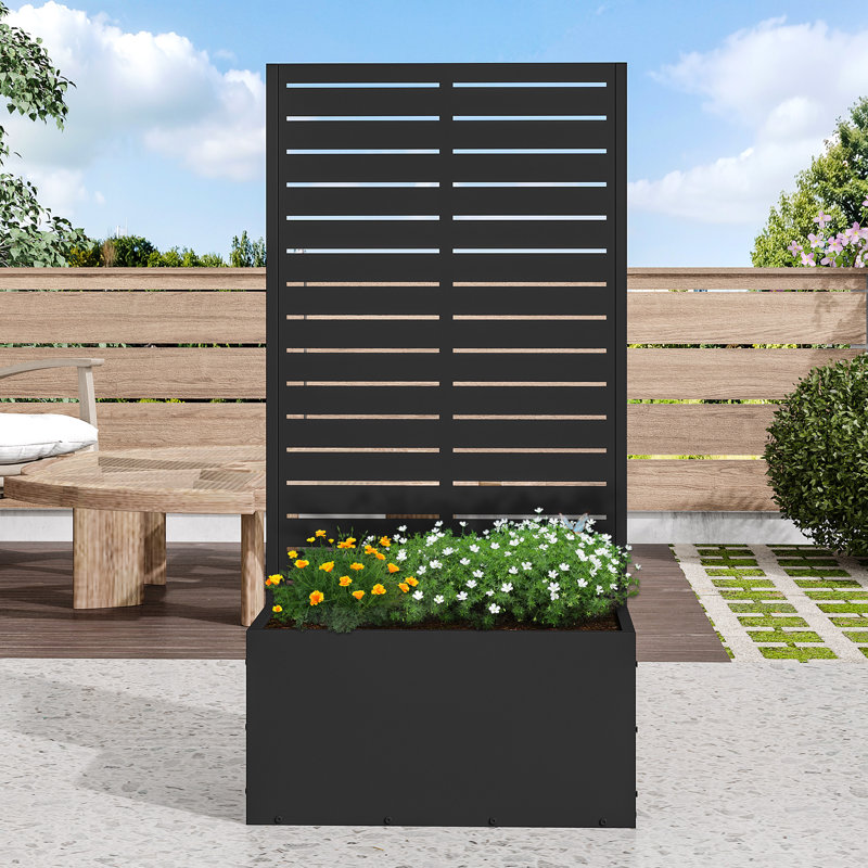 Boîte à fleurs d'extérieur individuelle en métal rectangulaire avec treillis pour plantes grimpantes, Noir
