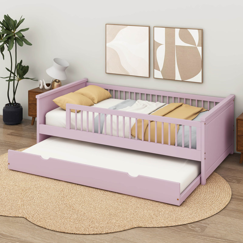 Lit plateforme en bois avec garde-corps et lit gigogne, Rose