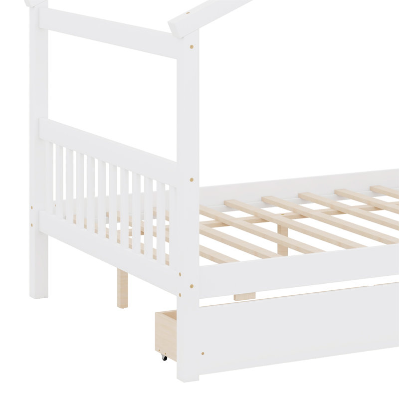 Wooden House Bed With Drawers, Full, White