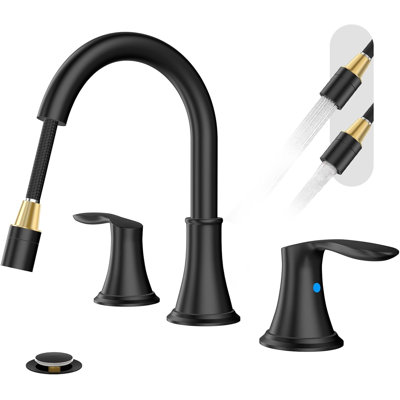 Robinet de salle de bain 8 po noir mat avec douchette extractible - 2 poignées 3 trous, sans plomb, avec bonde escamotable en métal et conduites d'alimentation en eau
