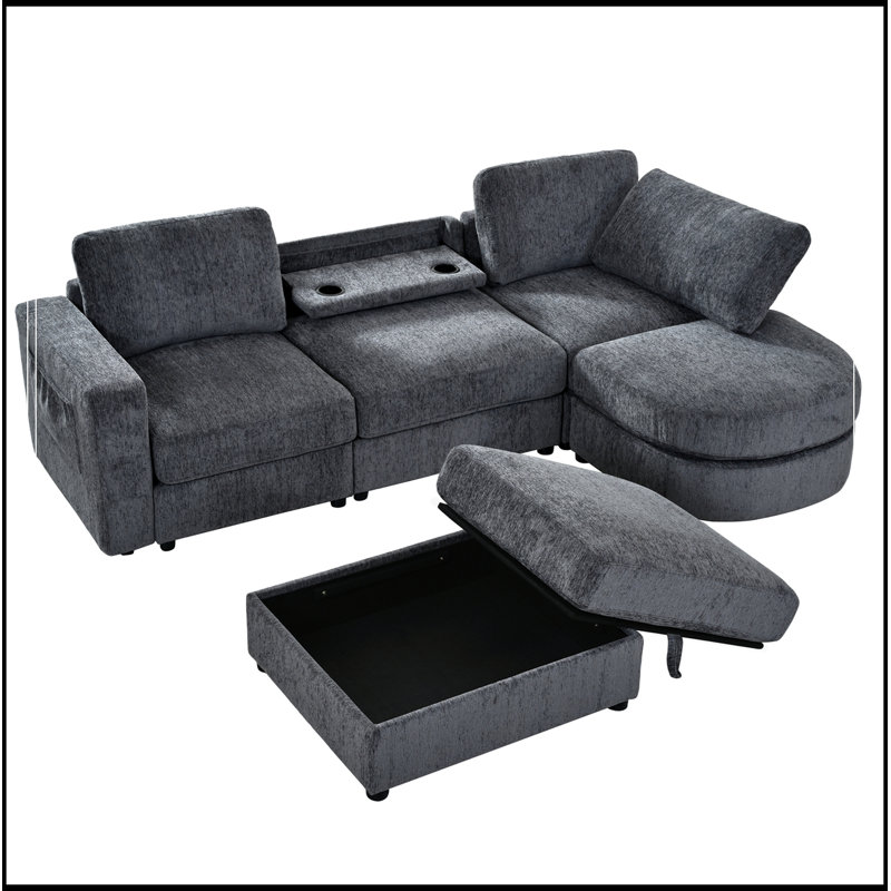 Canapé modulaire en U avec repose-pieds courbé et repose-pieds avec rangement, Gris