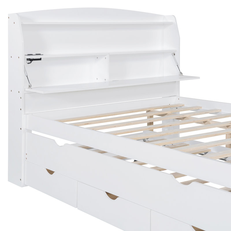 Lit plateforme double en bois avec lit gigogne et tête de lit à DEL, avec tiroirs, blanc, Blanc