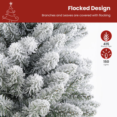 Arbre de Noël à charnière artificiel à charnière enneigé avec 300 lumières blanches chaudes, épinette à crayon floquée, choix de décoration pour les Fêtes de Noël