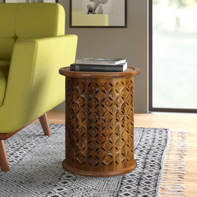 Forsberg Solid Wood Tray Top Drum End Table by Bungalow Rose