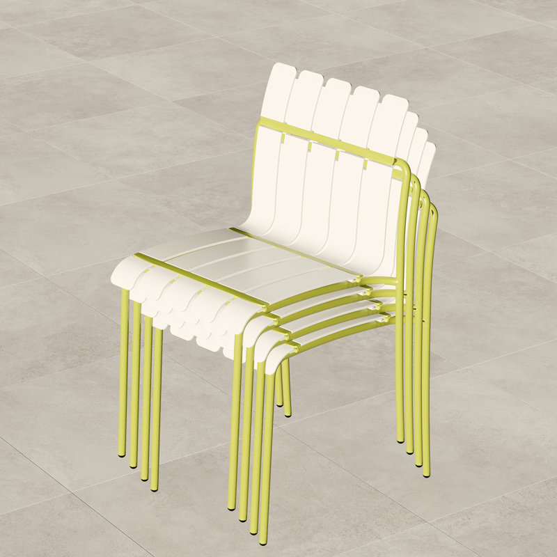 Paquet de 4 chaises à blocs de couleurs rayées avec pieds en métal et en PP imperméables pour les repas sur le balcon extérieur, blanc crème et jaune grain intérieur / extérieur moderne