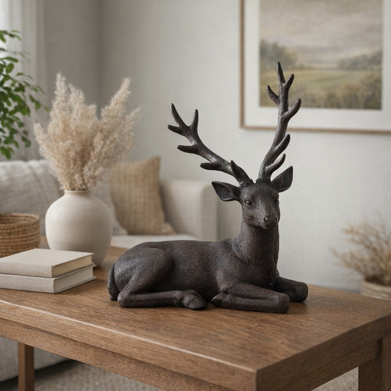 Rustic Deer Sculpture Figurine for Home and Living Room Decoration - Resin Statue for Shelves or Coffee Table Decor - 14", Brown