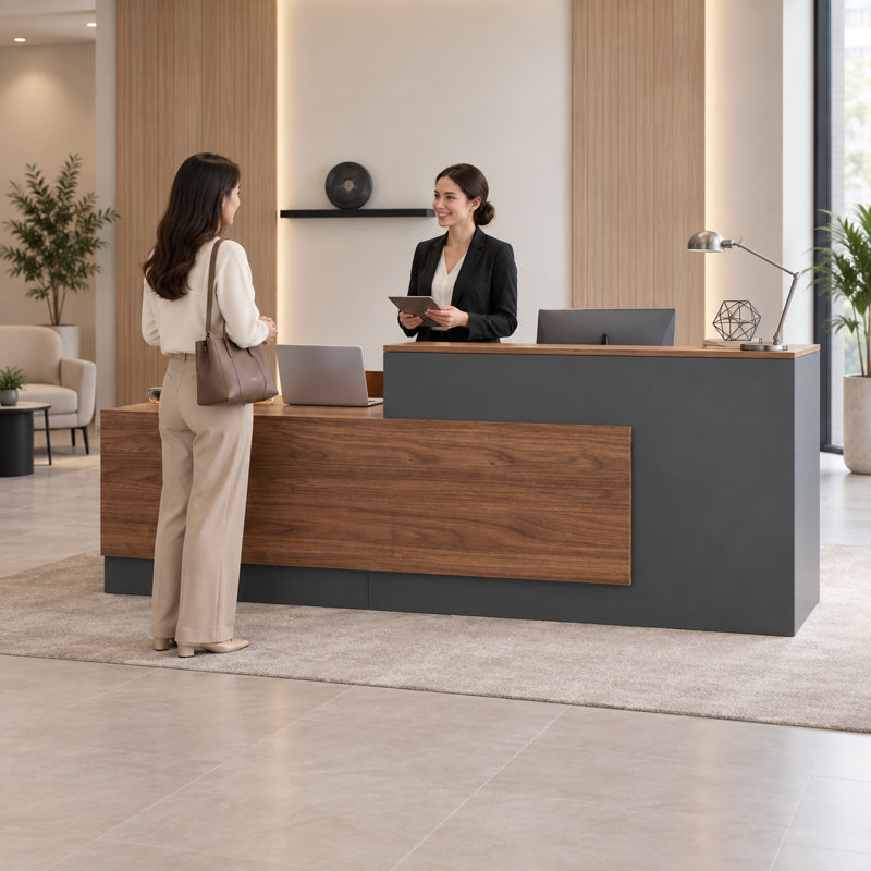 Bureau d'accueil en L de 105 cm de haut avec tiroir verrouillable, brun/gris