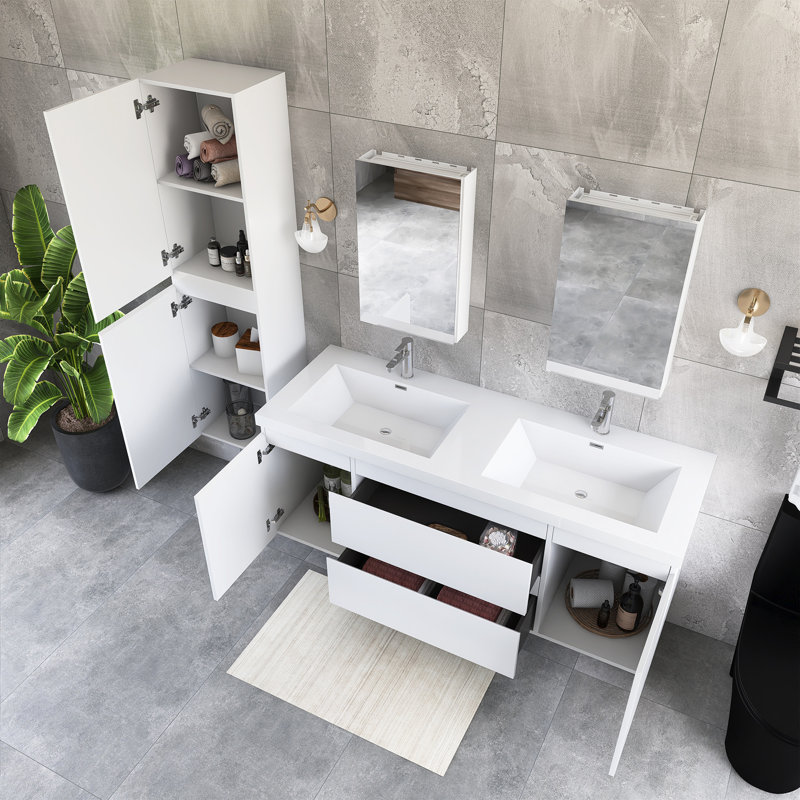 Ensemble de meuble-lavabo double 60 po avec plateau en résine 60 po, Blanc