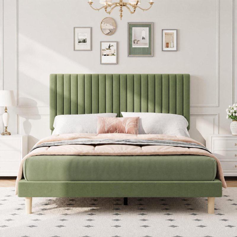 FULL Velvet Upholstered Platform Bed with Adjustable Channel-Tufted Headboard, Wooden Slat Support and No Box Spring Needed for Modern Bedrooms