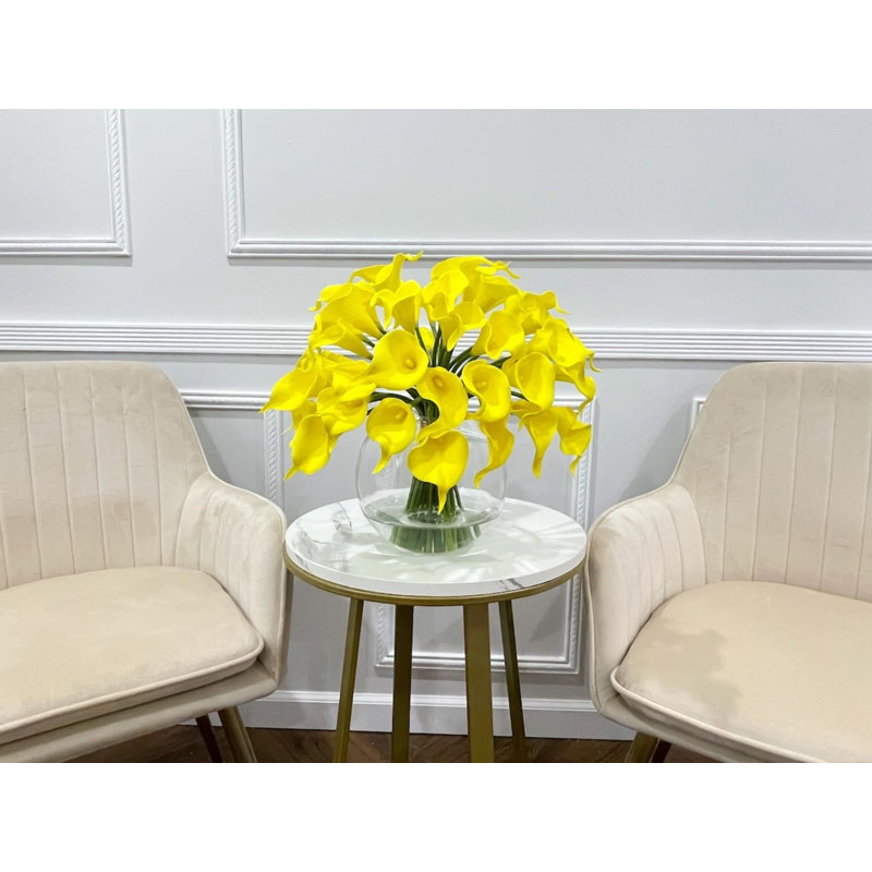 Yellow Real Touch Calla Lilies Arrangement Faux Flowers In Glass Vase, Yellow