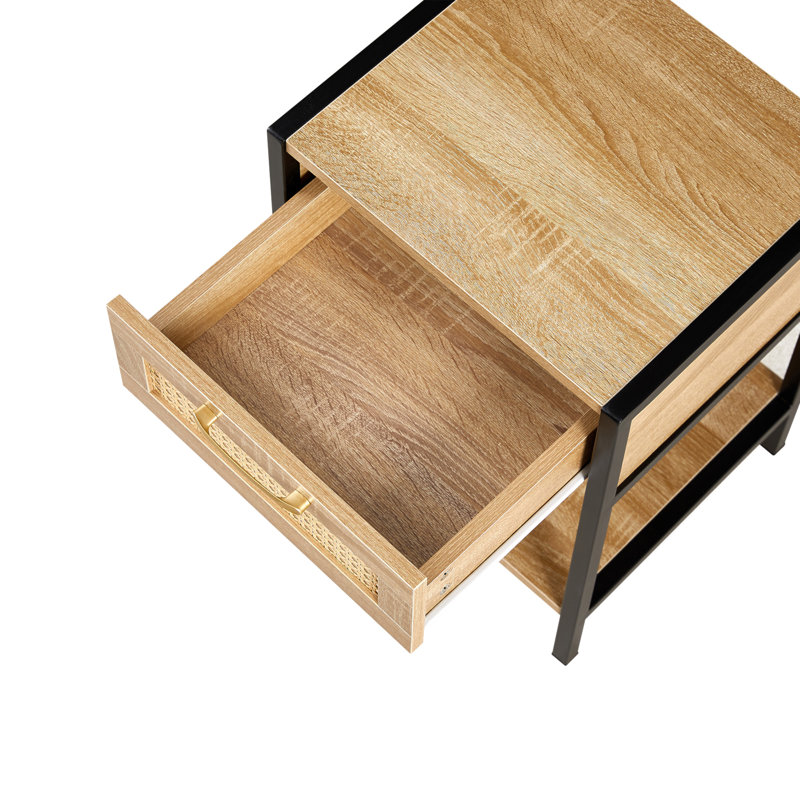 Natural Rattan and MDF Nightstand with Metal Legs and Storage
