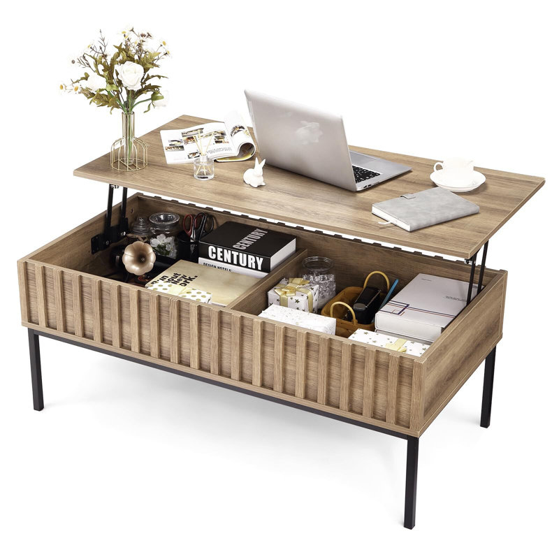 Table basse en bois, table basse à plateau relevable avec grand compartiment de rangement caché