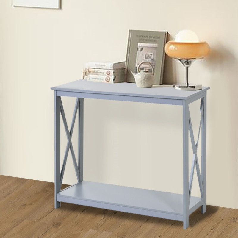 Console rectangulaire à 2 niveaux avec design en X latéral, canapé avec tablette de rangement