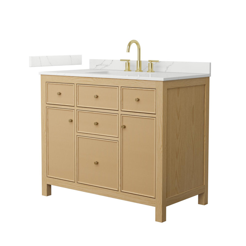 Pendry 42" Freestanding Single Bathroom Vanity with Quartz Top, 8" Widespread, White  Giotto Quartz, Brushed Gold