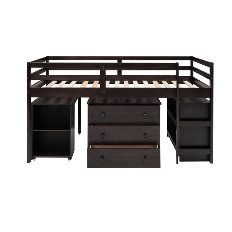 Lit mezzanine bas avec armoire et bureau portatif, Espresso