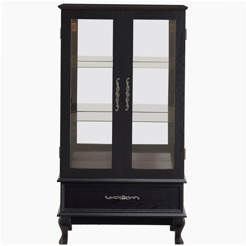 Lighted Curio Cabinet with Glass Doors and Adjustable Shelves 2 Door Wine Cabinet Display Curio Cabinet with LED Lights Light Black Finish and Drawer for Home Decor and Storage