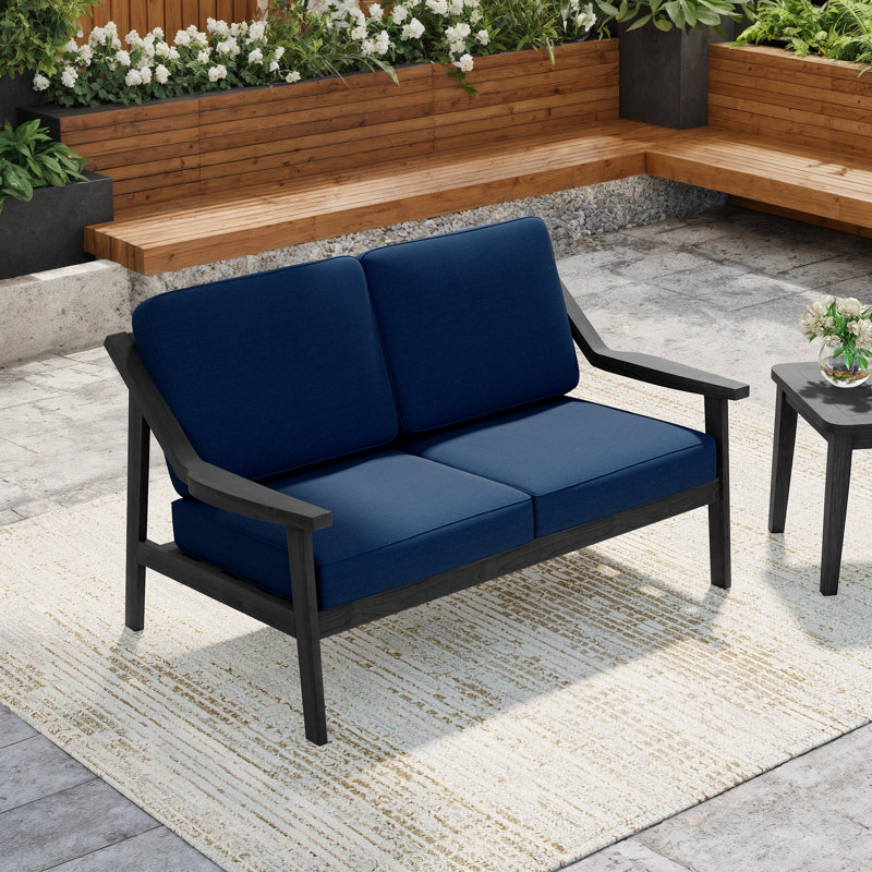 Marlo Solid Wood Teak Outdoor Loveseat With Cushion And Arms, Navy, Black