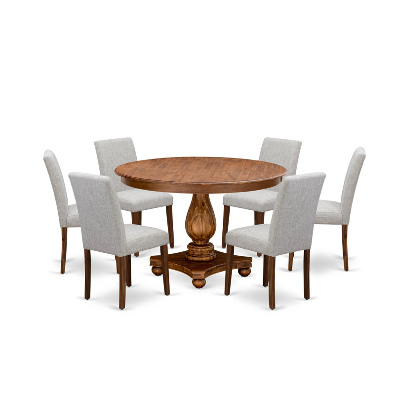 Ensemble de salle à manger 7 pièces composé d'une table de salle à manger ronde avec piédestal et 6 chaises Parson revêtues de tissu de lin, noyer antique