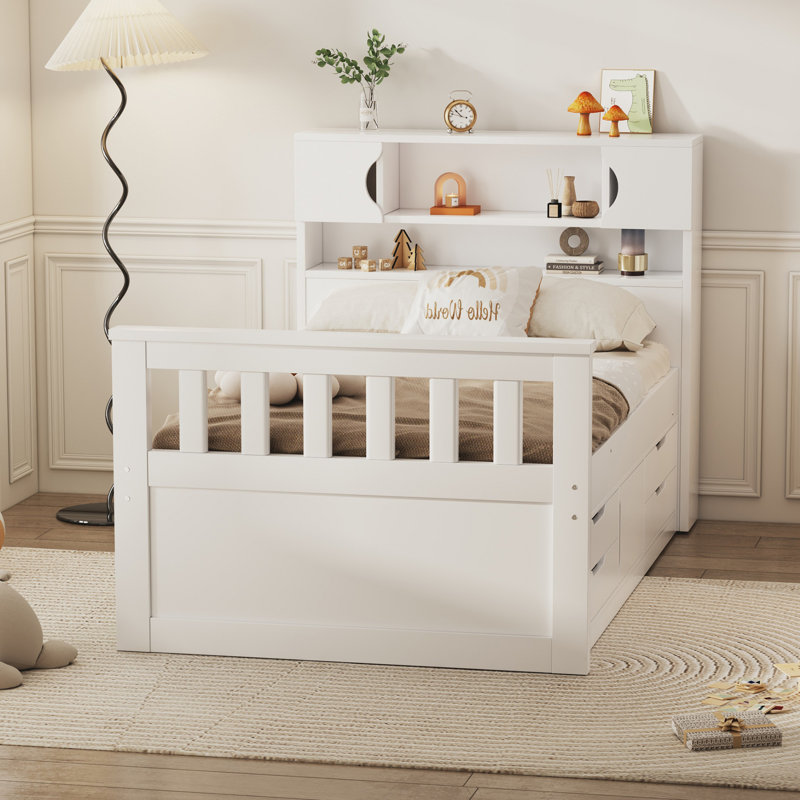 Base de lit plateforme avec tablettes de rangement et quatre tiroirs Griffie, Blanc