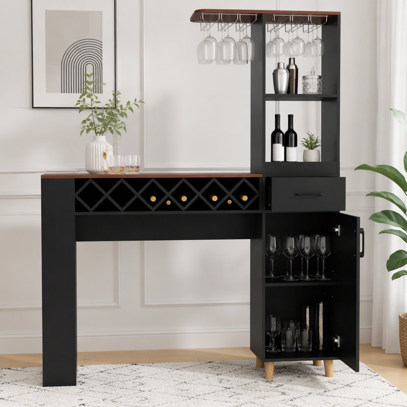 Grande armoire de bar avec table de salle à manger, support à vin et grand rangement, Black