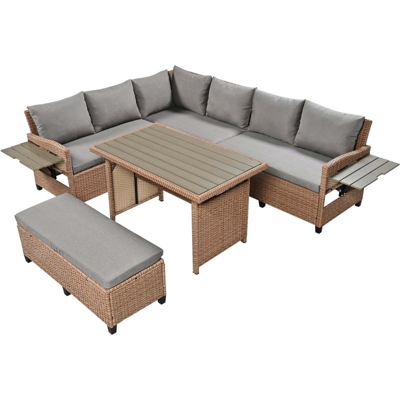5-Piece Outdoor Patio Rattan Sofa Set, Sectional PE Wicker L-Shaped Garden Furniture With 2 Extendable Side Tables, Dining Table & Washable Covers For Backyard, Poolside & Indoor Use, Brown