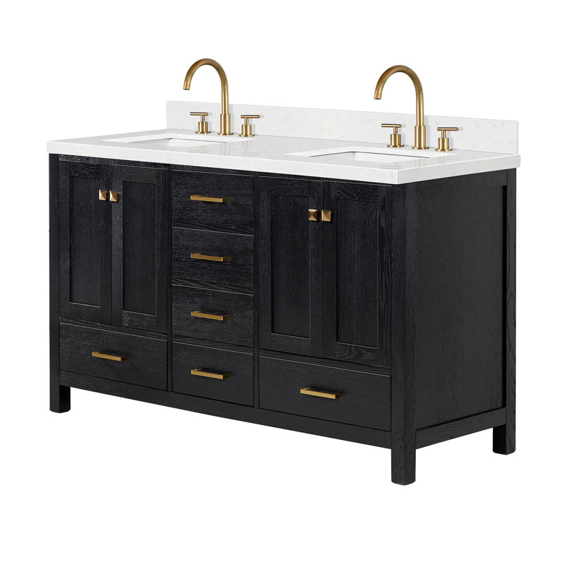 Ensemble de meuble-lavabo double 60 po Grevera, Chêne noir / laiton satiné